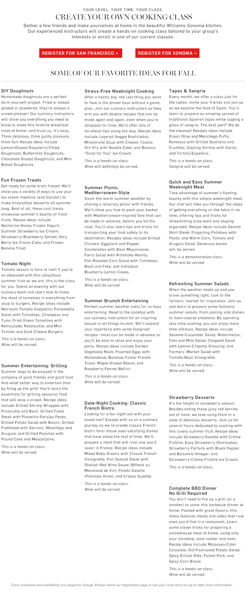 Williams-Sonoma Cooking School Descriptions Williams-Sonoma Cooking School Descriptions