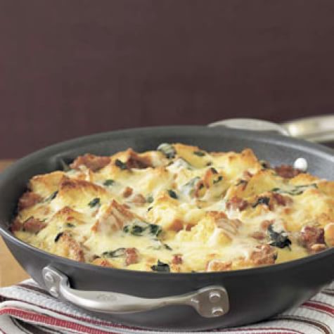 Strata with Chard, Sausage and Caramelized Onions