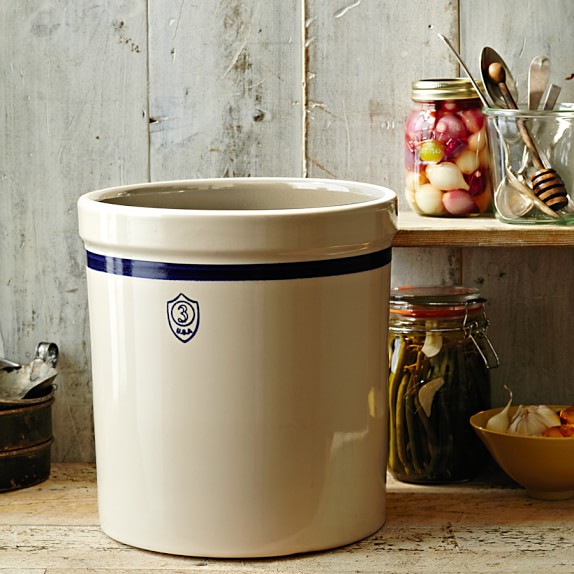 Stoneware Pickling Crock, Blue Stripe, 5 Gallon