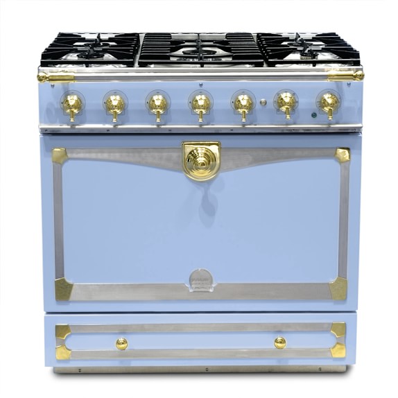 La Cornue Albertine Provence Blue Stove with Satin Chrome Polished Brass