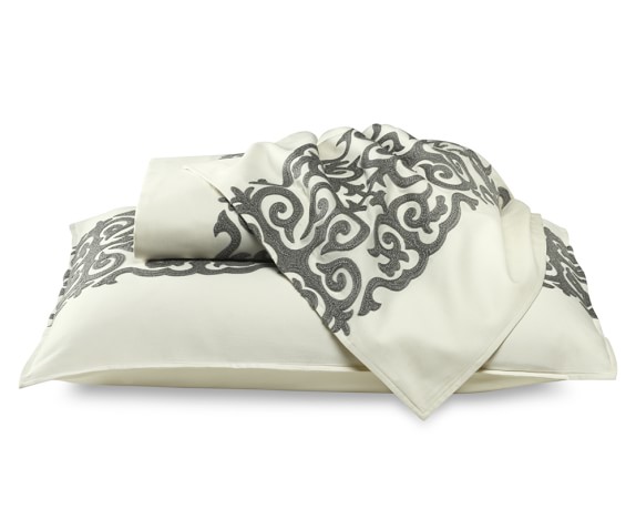 Tropez Sateen Bedding with Gray Embroidery, Duvet Cover, Full/Queen, Ivory