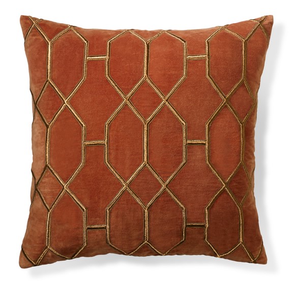 Geometric Embroidered Velvet Pillow Cover, Rust Williams Sonoma