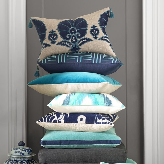 Ottoman Floral Velvet Applique Lumbar Pillow Cover, Blue Williams Sonoma