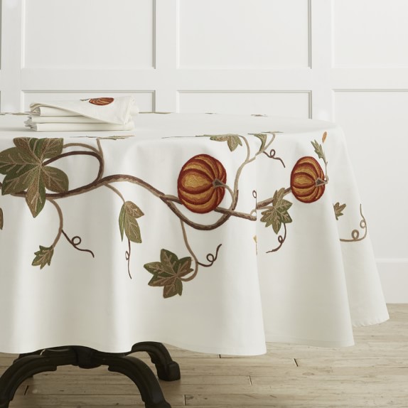Pumpkin Embroidery Tablecloth, 90" Round Williams Sonoma