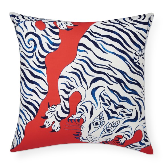 Outdoor Painted Tibetan Tiger Pillow, Melon/Navy Williams Sonoma