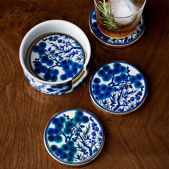 Chinoiserie Ceramic Coasters with Holder, Blue and White Williams Sonoma