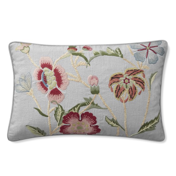 AERIN Climbing Floral Embroidered Lumbar Pillow Cover, Dove Blue