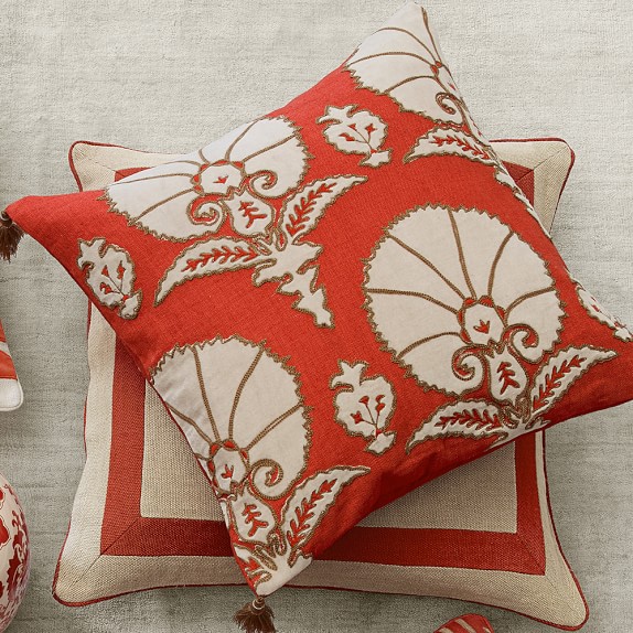 Ottoman Floral Velvet Applique Pillow Cover, Coral Williams Sonoma