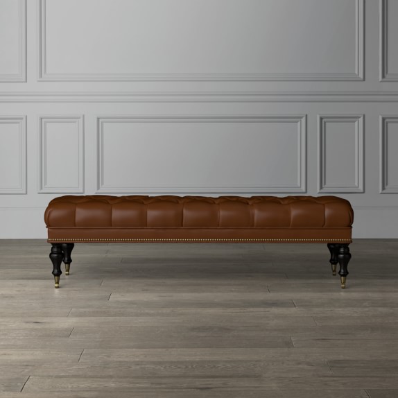 Fairfax Large Bench Leather Ottoman, Turned Leg with Tufted Top