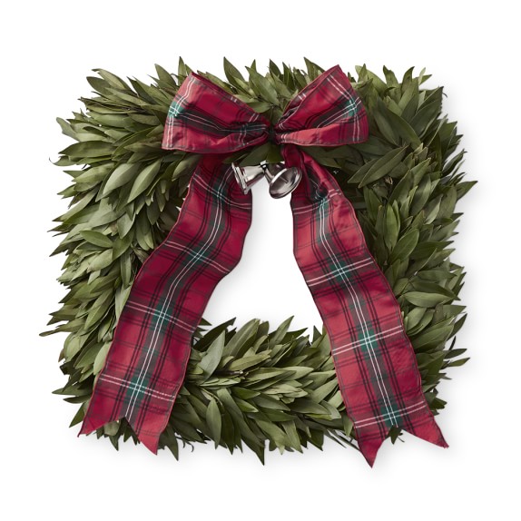 Bay Leaf Square Wreath with Tartan Ribbon Williams Sonoma