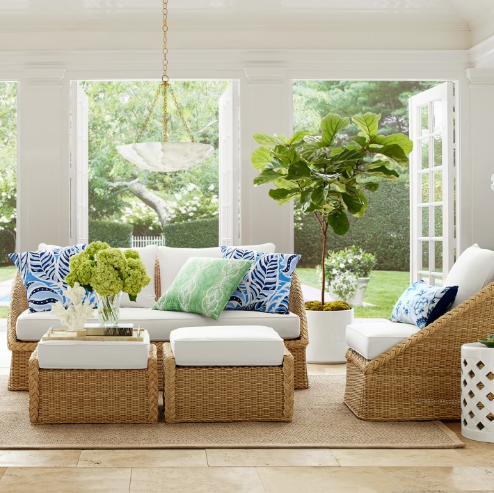AERIN East Hampton Outdoor Sofa. Interior Design Inspiration Timeless Favorites in May: a round-up of beautiful design ideas and decorating resources as well as timeless tranquil inspiring interiors.  