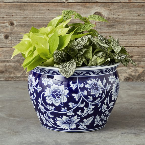 Blue & White Ceramic Planter, Medium