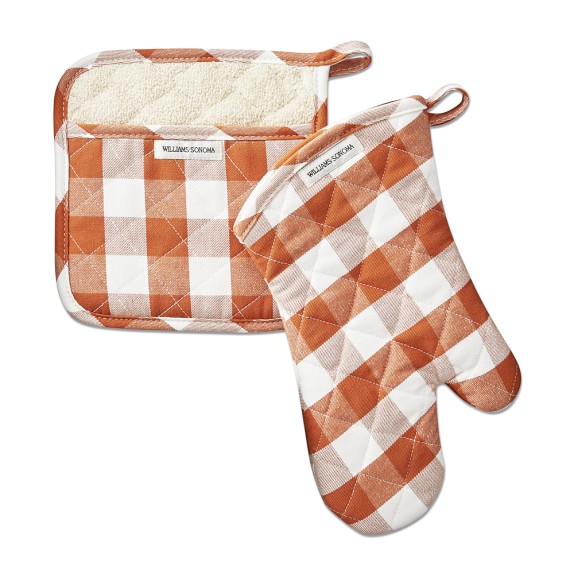 Williams Sonoma Checkered Oven Mitt & Potholder Set, Pumpkin Orange