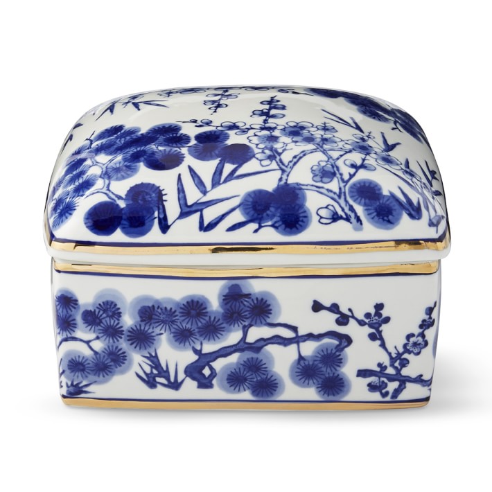 Blue White Chinoiserie Ceramic Jewelry Box Bamboo Motif Blue White Chinoiserie Ceramic Jewelry Box Bamboo Motif