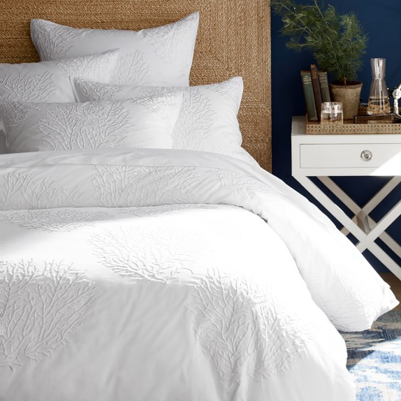 White Tonal Coral Embroidered Duvet Cover & Shams Williams Sonoma