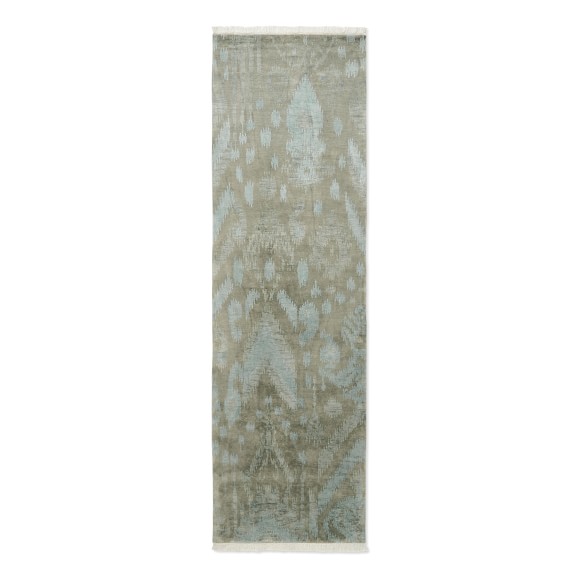 Deep Sea Ikat Hand Knotted Rug, 3x10', Turquoise/Gray