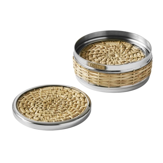 Woven & Silver Coasters with Holder, Set of 4