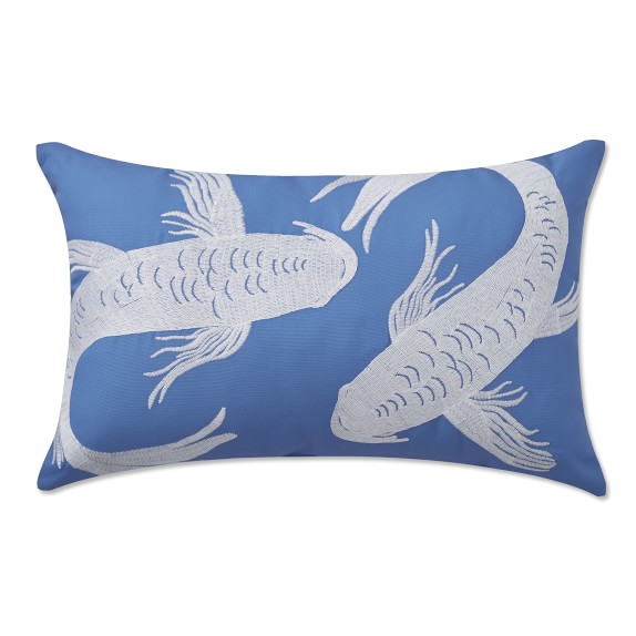 Koi Fish Embroidered Lumbar Outdoor Pillow, Riviera Blue Williams Sonoma