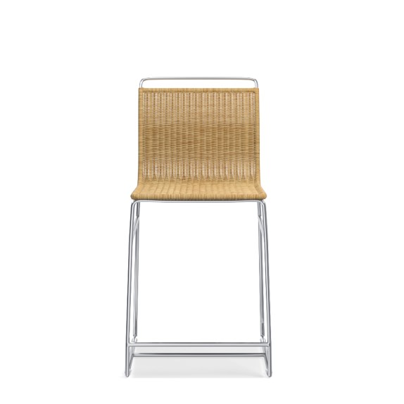 Metal and Rattan Counter Stool, Natural, Polished Nickel