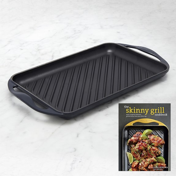 Le Creuset Rectangular Cast-Iron Skinny Grill with Skinny Grill Cookbook, Matte Navy