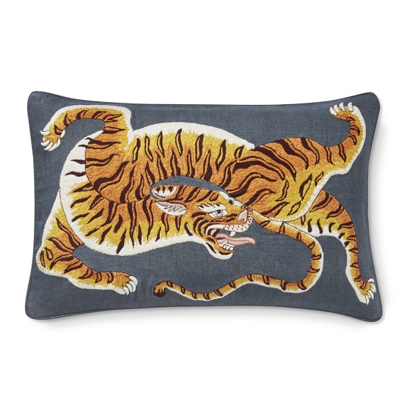 Dharma Tiger Embroidered Lumbar Pillow Cover, 14