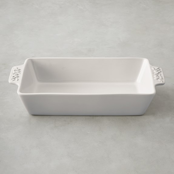 Olive Embossed Stoneware Rectangular Baker, White