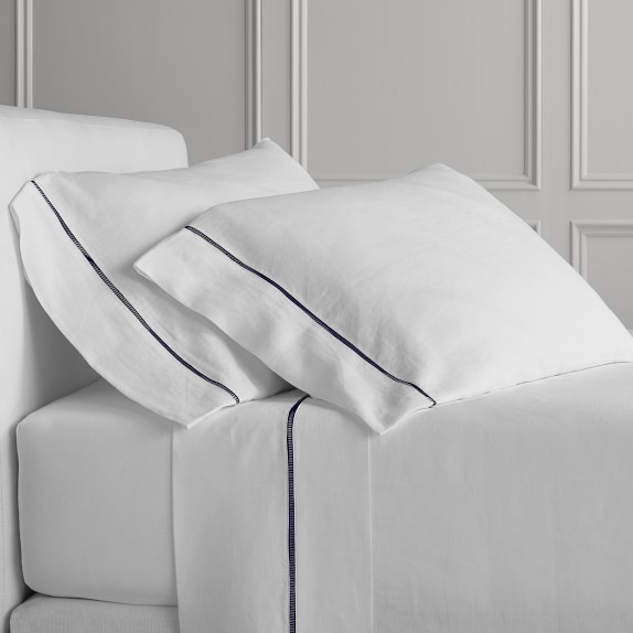 Signature Linen Hemstitch Sheet Set, Queen, Blue/White