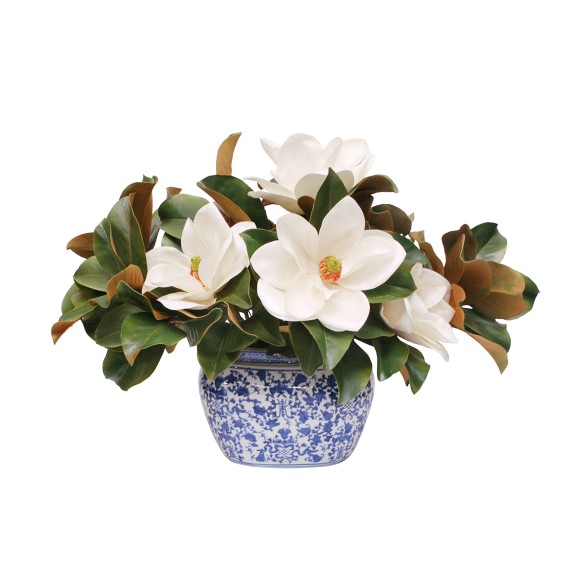 Faux Magnolias in Blue and White Vessel