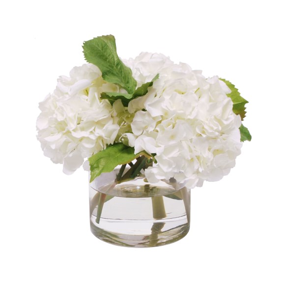 Faux White Hydrangeas in Glass Vase