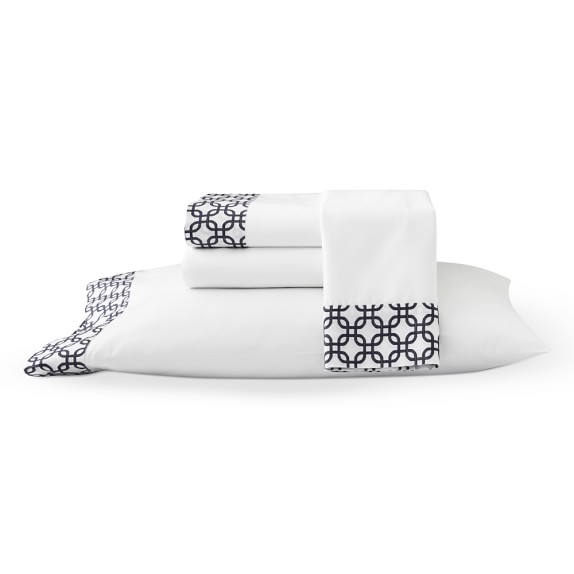 Interlocking Squares Printed Cuff Sheet Set, Queen, Navy