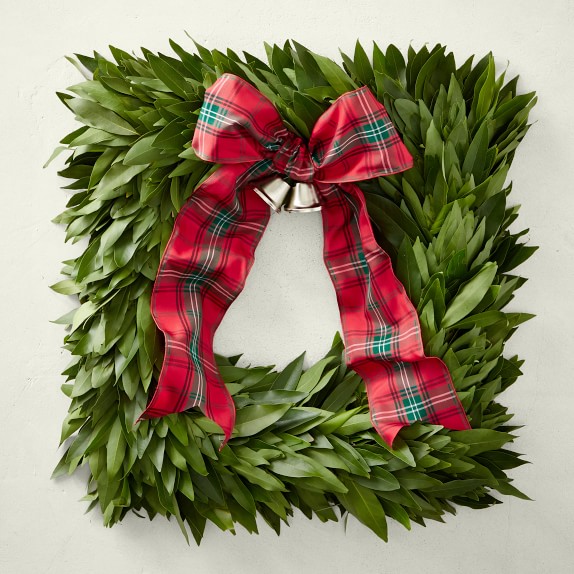 Bay Leaf Square Wreath with Tartan Ribbon, 16