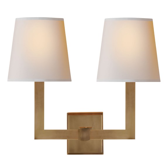 Square Tube Double Sconce, Antique Brass
