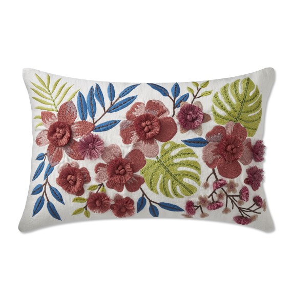 Flora Fringe Embroidered Lumbar Pillow Cover, 14