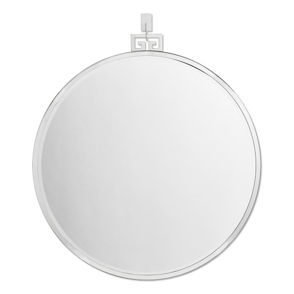 Round Mirror with Greek Key Detail, Polished Nickel