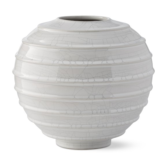 Horizontal Ridged Vase, Small, White Crackle