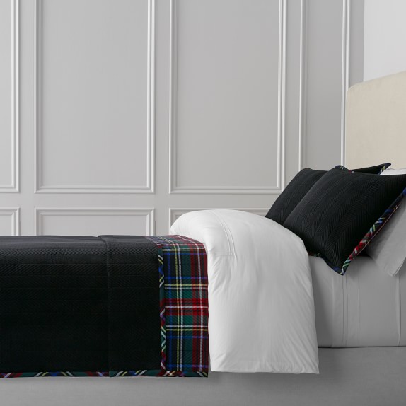 Tartan Reversible Velvet Coverlet, Full/Queen, Black Stewart