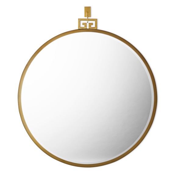 Round Mirror with Greek Key Detail, Antique Brass