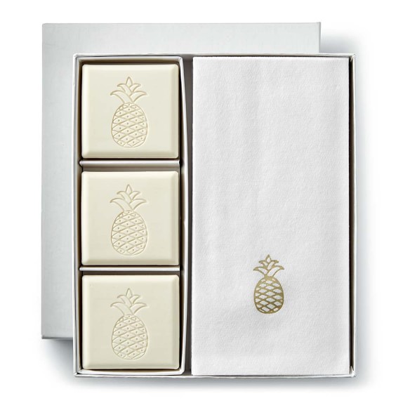 Pineapple Soap and Towel Gift Set, Aqua Mineral, Gold