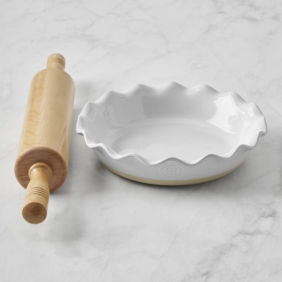 Emile Henry Ruffled Pie Dish, White & Maple Rolling Pin Set