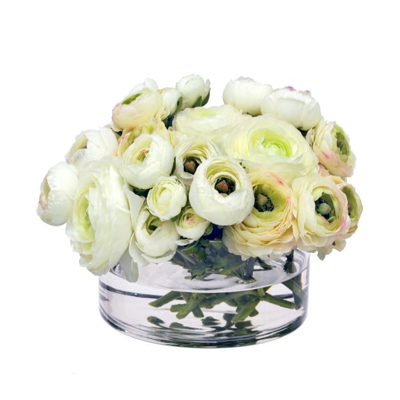 Faux White Ranunculus in Glass Vase