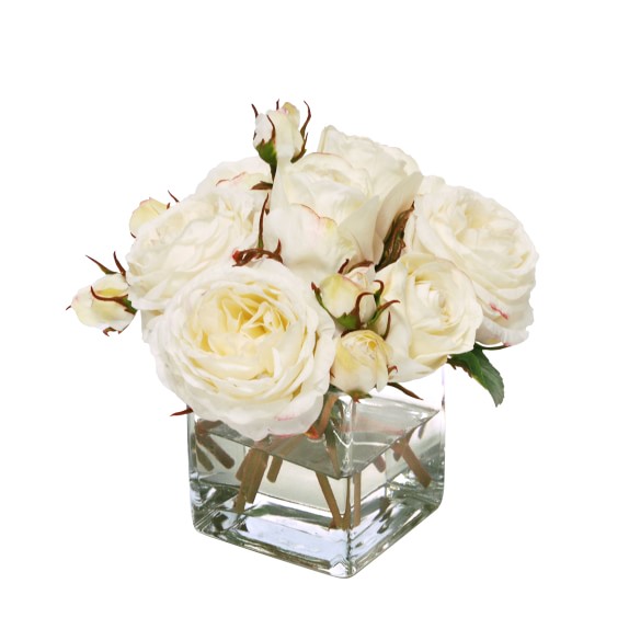 Faux White Roses Arrangement in Glass Vase