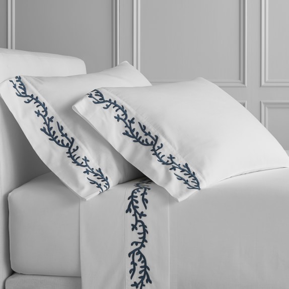 Coral Embroidered Sheet Set, Queen, Blue