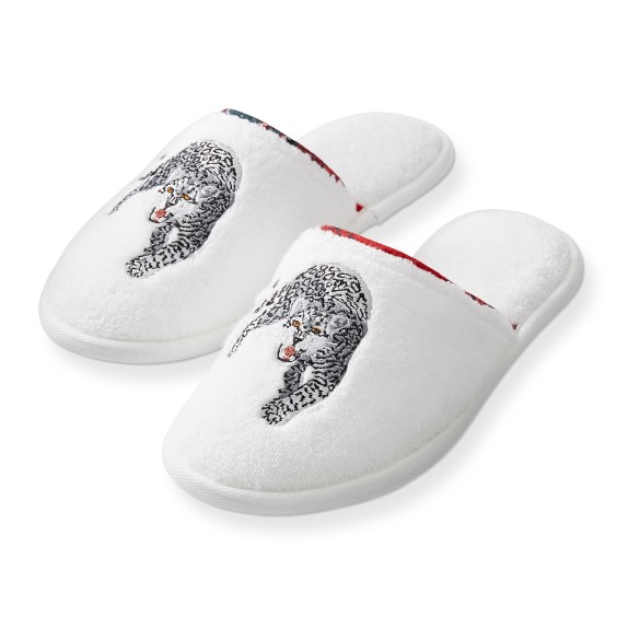 Hydrocotton Panther Embroidered Slippers, White, Small