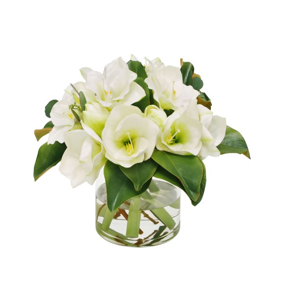 Faux White Amaryllis in Glass Vase