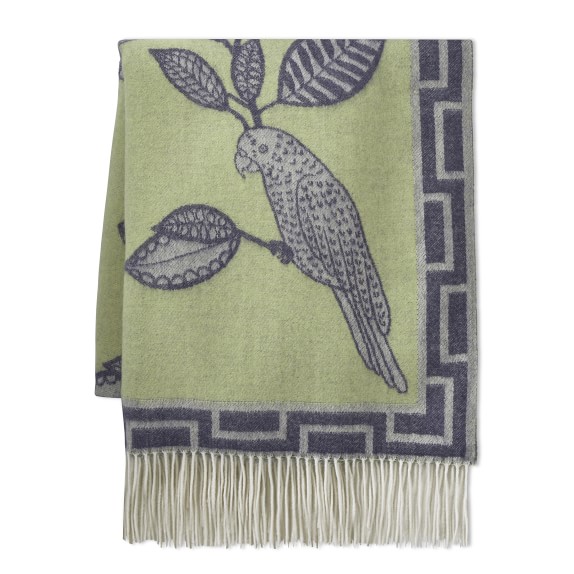 Williams Sonoma Novelty Patterned Jacquard Cashmere Throw, Naive Bird, Green