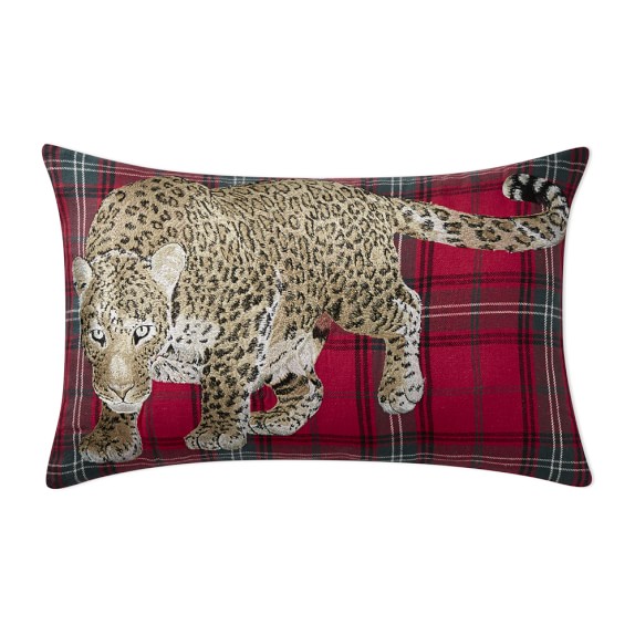 Leopard Embroidered Tartan Pillow Cover, 14