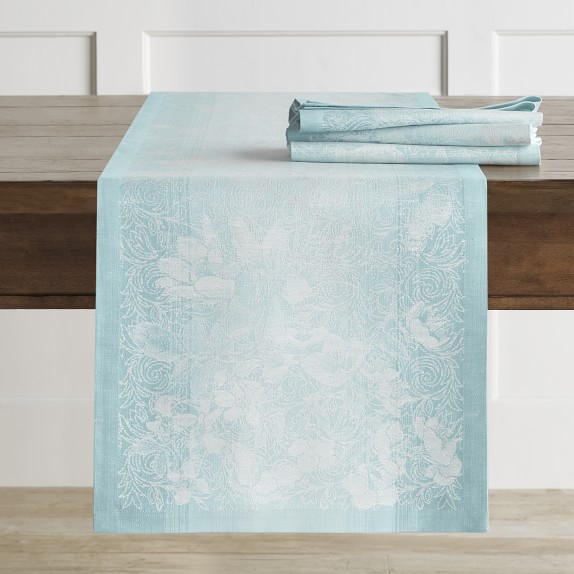 Ombre Floral Jacquard Table Runner, Aqua Blue